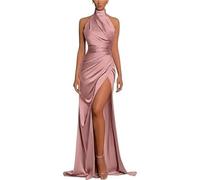 SWEMILE Robe en Satin Col Halter sans Manches Dos Nu Robe de Soirée de Bal de Gala de Cérémonie Robe Fendue Sexy Elégant et Chic Promo Robe Rose Cendré Taille 32
