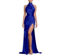 SWEMILE Robe en Satin Col Halter sans Manches Dos Nu Robe de Soirée de Bal de Gala de Cérémonie Robe Fendue Sexy Elégant et Chic Promo Robe Bleu Royal Taille 36