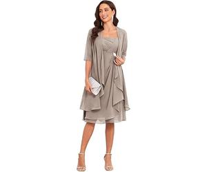 SWEMILE Robe en Taupe Robe Chic avec Une Veste à Manches Longues Jupe au Genou Robe élégante et Formelle