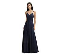 SWEMILE Robe Longue Droite de Femme avec Elégante Chiffon Robe de Soirée Cocktail Longue pour Mariage Invité Bal de Promo Anniversaire Cérémonie avec Dentelle Bretelles Spaghetti Robe Bleu Marine 44