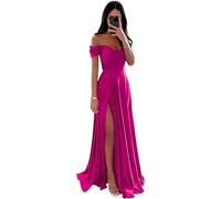 SWEMILE Robe Maxi Satin Plissée Dos Nu Élégante Pour Cocktail, Soirée, Mariage - Demoiselle d'Honneur, Vintage, Causal - Col en V, Manches Courtes - Fuchsia - Taille 38