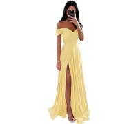 SWEMILE Robe Moulante Fendue Plissée en Satin Chic et Élégante pour Bal, Mariage, Soirée, Cocktail, Gala de Promo, Fête, Anniversaire - Sexy Sans Manches Dos Nu - Jaune Taille 38
