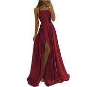 SWEMILE Robes de Bal Longues pour Femme Robe Élégant Dos Nu Robe Longue sans Manches Robe trapèze Criss-Cross en Satin Spaghetti Fente latérale de Mariage de Cérémonie Robe Grenat Taille 32