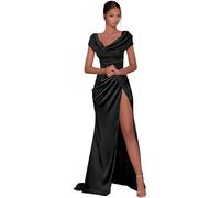 SWEMILE Robes De Demoiselle D’Honneur Robe en Saitn pour Femmes avec Encolure Châle et Fente pour Bal de Promo de Gala Cérémonie Cocktail sans Manches Robe Chic et Elégant Robe Noir Taille 36