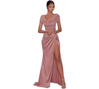 SWEMILE Robes De Demoiselle D’Honneur Robe en Saitn pour Femmes avec Encolure Châle et Fente pour Bal de Promo de Gala Cérémonie Cocktail sans Manches Robe Chic et Elégant Robe Rose Cendré Taille 38
