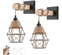 SWEMOPP Applique murale en rotin Boho, ensemble de deux appliques murales noires sans fil à piles, télécommande, lampe murale rechargeable par USB pour chambre à coucher, tête de lit, ferme, grange in