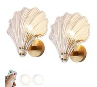 SWEMOPP Ensemble de 2 appliques murales en verre transparent à piles, applique murale sans fil rechargeable par USB, style nordique moderne, avec télécommande, coquillage doré, lampe murale sans fil c