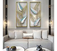 SWENEEN Lot de 2 sculptures murales modernes en métal avec plumes - Décoration murale créative faite à la main - Grande sculpture rustique découpée au laser - Texture 3D naturelle simple élégante