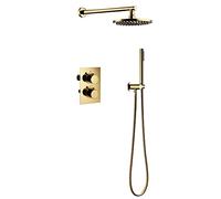 SWENEEN Système De Douche À Main avec Robinet Thermostatique Intelligent Rond en Laiton Massif Doré Titane, Mitigeur Inclus, Ensemble De Robinetterie De Douche pour Salle De Bain,8-A