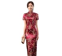 SWEPER Robe Chinoise pour Femme - Élégante Brocart Satin Longue Fourche Cheongsam Chinois Classique Qipao Femme Manches Courtes Sexy Robe De Soirée De Mariage,Rouge,L