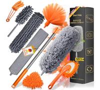 Swetfela 9 Pièces Plumeau Telescopique,Tete de Loup Telescopique Longueur 256cm,Plumeau Poussiere Lavable,Plumeau Poussiere Telescopique pour Toile D'Araignéeventilateur de Plafond(Orange+Gris)