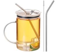 SWEWARM Gobelet en verre borosilicate de 1 000 ml avec couvercle anti-fuite et paille en acier | Tasse résistante à la chaleur et au froid pour smoothies, thé, café et boissons toute la journée