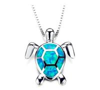 swglcowo Collier avec pendentif en forme de tortue de mer - Plaqué argent - Unique - Bleu et blanc - Opale artificielle - Longévité - Animal hawaïen - Plage - Pour homme et femme - Cadeau