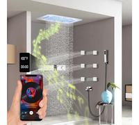 SWHC Colonne de Douche Thermostatique avec Affichage Digital LED Musique 64 Couleurs RGB Colonne de Douche Hydromassante Encastrable avec 6PCS 50 mm Buse de Massage, 580 * 380 mm Tête de Douche