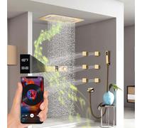 SWHC Colonne de Douche Thermostatique avec Affichage Digital LED Musique 64 Couleurs RGB Colonne de Douche Hydromassante Encastrable avec 6PCS 50 mm Buse de Massage, 580 * 380 mm Tête de Douche