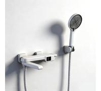 SWHC Robinet Baignoire avec Douchette 3 Jets, Mural Mitigeur Baignoire avec Bec Rotatif à 90°, 1.5m Flexible et Support, Laiton