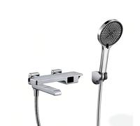 SWHC Robinet Baignoire avec Douchette 3 Jets, Mural Mitigeur Baignoire avec Bec Rotatif à 90°, 1.5m Flexible et Support, Laiton