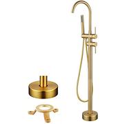 SWHC Robinet de Baignoire Ilot, 2 Modes Mitigeur de Baignoire Ilot avec Douchette Rotation à 360° Robinet de Baignoire sur Pied Laiton Robinet Salle Bain Or Brossé