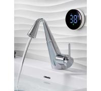 SWHC Robinet Salle Bain LED avec Affichage Température, Poignée Unique Robinet de Lavabo Orientable à 360° Robinet d'évier, Bec Extractible à 2 Modes, Laiton Robinet à Levier Unique Hybride (Chrom)