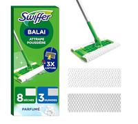 Swiffer Balai Attrape-Poussière, Kit de Démarrage (1 Balai+8 Lingettes Sèches+3 Lingettes Imprégnées pour Parquet), Attrape Et Retient 3x Plus de Poussière qu'un Balai Classique, Pour Poils d'Animaux