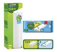 Swiffer Balai Attrape-Poussière Pour Sols,Pack de Recharges, 102 Lingettes Sèches 102 Et 3 Lingettes Humides, Attrape Et Retient 3 Fois Plus De Poussière, Saleté Et Poils Qu’Un Balai Classique