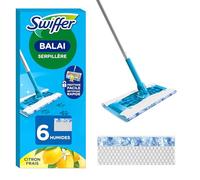 Swiffer Balai Lingettes Imprégnées pour Parquet avec Action de Brossage, Kit de Démarrage (1 Balai + 6 Lingettes), Pouvoir Nettoyant contre les Taches Sèches, Dissolution Puissante de la Saleté