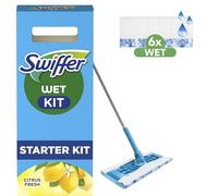 Swiffer Balai Lingettes Imprégnées pour Parquet avec Action de Brossage, Kit de Démarrage (1 Balai + 6 Lingettes), Pouvoir Nettoyant contre les Taches Sèches, Dissolution Puissante de la Saleté