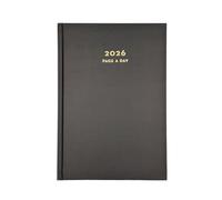 SwiftPick Home Agenda journalier 2026 A5 noir | Un jour par page | Planificateur quotidien | Localisateur de pages ruban | Calandre, carte du monde, jours fériés, table métrique, table de conversion |