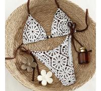 Swim Vcay Nouvelle Arrivée Luxe Élégant Ensemble Bikini Triangle 2 Pièces Blanc Crochet Dentelle et Caramel/Marron pour Femmes, Top de Maillot de Bain à Col ras-du-cou avec Accents de Perles en Bois, 