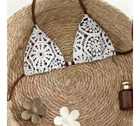 Swim Vcay Nouvelle Arrivée Luxe Élégant Ensemble Bikini Triangle 2 Pièces Blanc Dentelle Crochet et Caramel/Marron pour Femmes, Top de Maillot de Bain à Col ras-du-cou avec Accents de Perles en Bois,