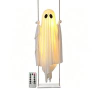 Swinging Ghost Decor - 5ft Cute Remote String Lights for Porch Fence Yard