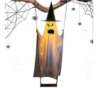 Swinging Ghost Halloween - Light Up Porch Prop | Outdoor Hanging Decor | Polyester cloth with light-up effect. Motion-swinging design adds spooky charm. Perfect for porches, yards, gardens, and wind