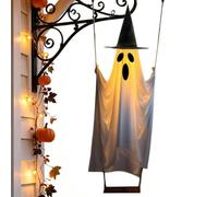 Swinging Ghost Halloween - Light Up Porch Prop | Outdoor Hanging Decor | Polyester cloth with light-up effect. Motion-swinging design adds spooky charm. Perfect for porches, yards, gardens, and wind