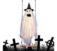Swinging Ghost with Butterfly Hat - Light-Up Large Spooky Garden Decor for