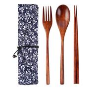 SwirlColor couverts bois, 3pcs réutilisable japonais baguettes en bois fourchette et cuillère ensemble de vaisselle portable avec camping pinic sac de voyage