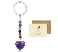 SwirlColor Crystal Keychain 7 Chakra Améthyste - Pendentif Cœur en Cristal Naturel et Gemme pour Femme - Charme de Sac pour Fille avec Carte