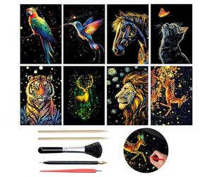 SwirlColor Enfants adultes scratch art 8 pièces, animaux lumineux carte a gratter papier coloré gravure scratch painting 5 pièces outils