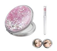 SwirlColor Petit Miroir de Poche Femme, Glitter Mini Tragbar Pliant Double Face Miroir Maquillage de Poche mit Multifunktionaler Lippenpinsel Für Femme Fille Maman Cadeau d'anniversaire (Rose)