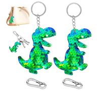 SwirlColor porte clef dinosaure, 2 PCS drôle vert dessin animé animal keychain enfants adultes réversible sequin keychain, avec 2 anneaux