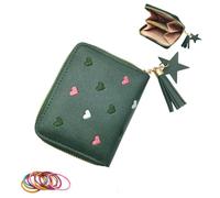 SwirlColor Porte Monnaie Fille, Mignon Coeur Brodé Portefeuille Ado Fille avec Fermeture à Glissière à Franges Porte - Petit Porte Monnaie Femme en Cuir avec Porte - Cartes - Vert