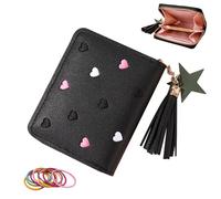 SwirlColor Porte Monnaie Fille, Mignon Coeur Brodé Portefeuille Ado Fille avec Fermeture à Glissière à Franges Porte - Petit Porte Monnaie Femme en Cuir avec Porte - Cartes (Noir)