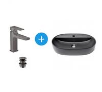 Swiss Aqua Technologies - Set Vasque Infinitio à poser noire mat + Mitigeur de lavabo 110 Hansgrohe avec bonde noir chromé brossé (SATINF6040BKM-SET)