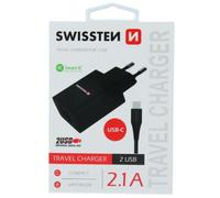 SWISSTEN Chargeur DE Voyage Smart IC avec 2 x USB 2,1 A Alimentation + Cable DE DONNÉES USB/Type C 1,2 M Noir