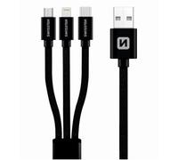 Swissten Câble de charge 3 en 1, multi-charge [MFI] textile tressé 1,2 m, charge rapide avec type C, micro USB et port iPhone, compatible avec iPhone 14 13 Galaxy S23 S20 S9 et micro USB