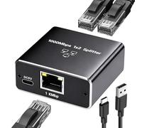 Switch Ethernet 2 Ports, Splitter RJ45 1000Mbps, Répartiteur RJ45 LAN Internet Splitter 1 à 2, Gigabit Multiprise LAN Adaptateur avec Type C Power Cable, Répartiteur Ethernet Réseau pour Commutateur