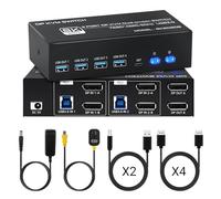 Switch KVM Displayport 2 PC 2 Écrans, 8K 60Hz / 4K 120Hz Commutateur KVM DP 1.4 Dual Monitor USB 3.0, Supporte le Mode Étendu et Copie, avec Contrôleur de bureau et 6 Câbles 4DP+2USB