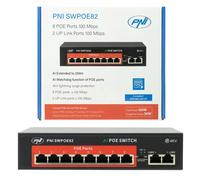 Switch PoE PNI SWPOE82, 8 ports PoE 100 Mbps et 2 ports UP Link 100 Mbps, 120 W, AI Extend 250 m, protection 4 kV