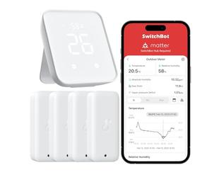SwitchBot Lot de 4 thermomètres hygromètres d'intérieur avec Hub2, thermomètre extérieur Wi-Fi et Bluetooth, mesureur d'humidité, notifications de l'application, compatible avec Apple Home, Alexa