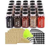 SWOMMOLY Lot complet de 25 pots à épices en verre avec 703 étiquettes à épices, marqueur à craie et entonnoir 25 bocaux carrés en verre 177 ml avec couvercle hermétique, couvercle verseur/tamis