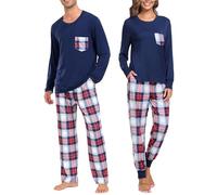 SWOMOG Pyjama de Noël Buffalo Plaid Pyjama Pantalon avec Poches Manches Longues Hauts Couples et Famille Pjs, Bleu marine, M